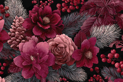 Watercolor Burgundy Floral Seamless Pattern Dark Christmas Product Image 1