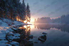 Winter Forest Lake Sunset - Snowy Pine Landscape Background Product Image 1