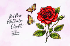 Red rose with butterfly watercolor clipart sublimation Product Image 1