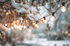 Snowy Pine Bistro Lights - Cozy Winter Evening Background Product Image 1