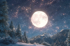 Full Moon Winter Forest - Starry Night Snowy Mountain Art Product Image 1