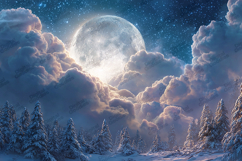Moon &amp; Clouds Winter Forest - Magical Snowy Mountain Product Image 1