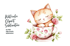 Cute cat with floral tea cup watercolor clipart png Product Image 1