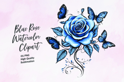 Blue rose with butterfly watercolor clipart sublimation Product Image 1