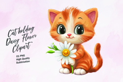 Cat holding daisy flower watercolor clipart Product Image 1