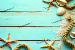 Blue wooden background with starfish, sand, and shells Product Image 1