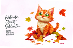Cute cat with autumn leaves clipart png Product Image 1