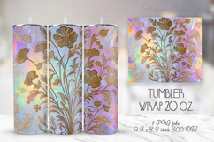 Gold floral rainbow tumbler 20oz wrap sublimation design png Product Image 1