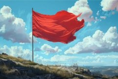 Red flag waving on rocky mountain with clouds in background Product Image 1