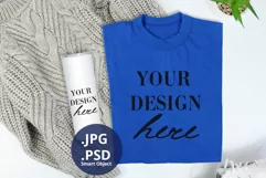 Tumbler & Blue Folded T-shirt Mockup, Skinny Tumbler mockup Product Image 1