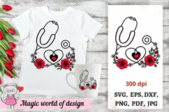 Floral Stethoscope heart hand drawn nurse SVG Product Image 1
