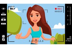 Blogger Girl Records Video Blog Vector. Vlog Concept. Woman Product Image 1