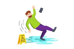 Man Falling On Wet Floor Near Caution Sign Vector Product Image 1