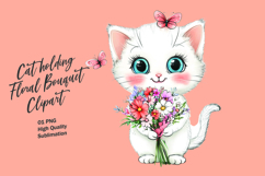 Cat holding floral bouquet watercolor clipart Product Image 1