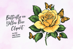 Yellow rose with butterfly watercolor clipart sublimation Product Image 1