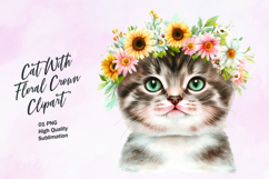 Cat with floral crown watercolor clipart Product Image 1