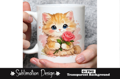 Cute Kitten Holding Rose Watercolor Cat Sublimation Product Image 1