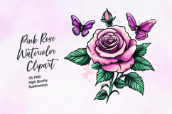 Pink rose with butterfly watercolor clipart sublimation Product Image 1