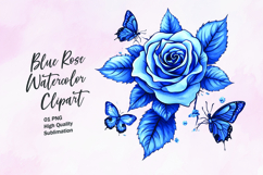 Blue rose with butterfly watercolor clipart sublimation Product Image 1