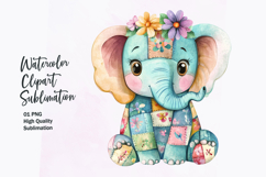 Watercolor cute kawaii elephant patchwork patterned clipart Product Image 1