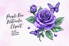 Purple rose with butterfly watercolor clipart sublimation Product Image 1