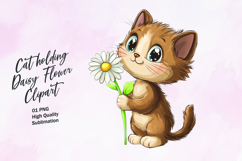 Cat holding daisy flower watercolor clipart Product Image 1