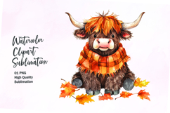 Cute highland cow with autumn leaves watercolor clipart Product Image 1