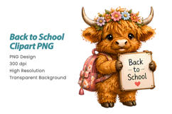 Back to School Highland Cow Clipart PNG Product Image 2