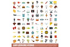 100 leisure icons set, flat style Product Image 1