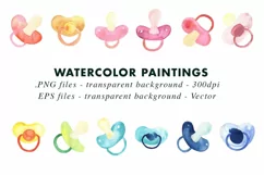 Watercolor Pacifiers ClipArt Baby Paintings in PNG & Vector Product Image 2