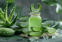 Refreshing aloe vera gel in glass jar with leaves Product Image 1