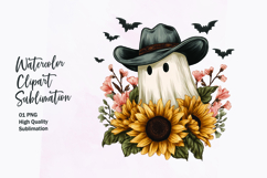 Cute ghost with sunflower watercolor clipart sublimation Product Image 1