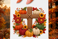Faux Yarn Fall Cross Pumpkin Wreath PNG Product Image 1