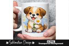 Cute Puppy Holding Daisy Watercolor Dog Sublimation Product Image 1