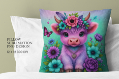 Highland Cow Flowers Pillow Sublimation PNG Product Image 1