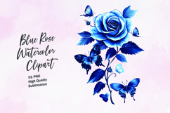 Blue rose with butterfly watercolor clipart sublimation Product Image 1