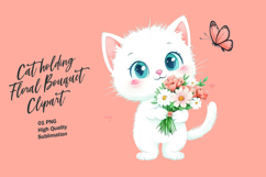 Cat holding floral bouquet watercolor clipart Product Image 1