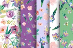 Irises, watercolor roses hand-drawn flowers romantic summer modern seamless pattern