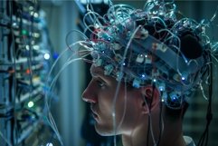 Man in brainwave scanning headgear with illuminated wires Product Image 1
