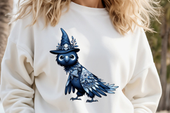 Funny Halloween bird in hat clipart |Blue night shirt design Product Image 1