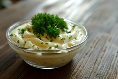 Fresh mayonnaise with parsley garnish in glass bowl Product Image 1