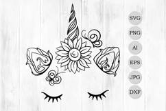 Line Art Unicorn Face with sunflower and butterflies SVG Product Image 1