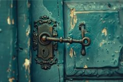 Old ornate door handle on a peeling turquoise door Product Image 1