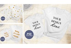 White T-shirt & Baby Bodysuit Mockup Neutral background PSD Product Image 1