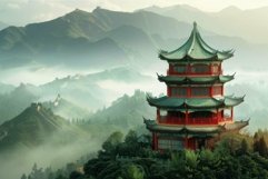 Misty mountain pagoda at sunrise Product Image 1