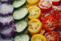 Freshly sliced tomatoes and cucumbers closeup Product Image 1