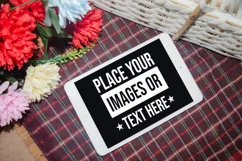 Plaid Ipad Mockup with Flowers and Basket Photoshop PSD Product Image 1