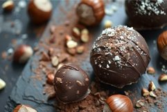 Gourmet chocolate truffles with hazelnuts on dark surface Product Image 1