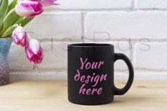 Black coffee mug mockup with magenta tulip Product Image 3