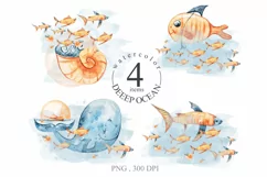 Watercolor deep sea creatures clipart. Cute whale and fish Product Image 1